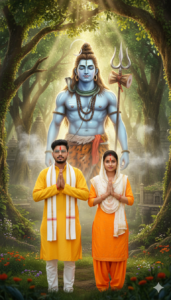 Devotees in traditional attire, worshiping